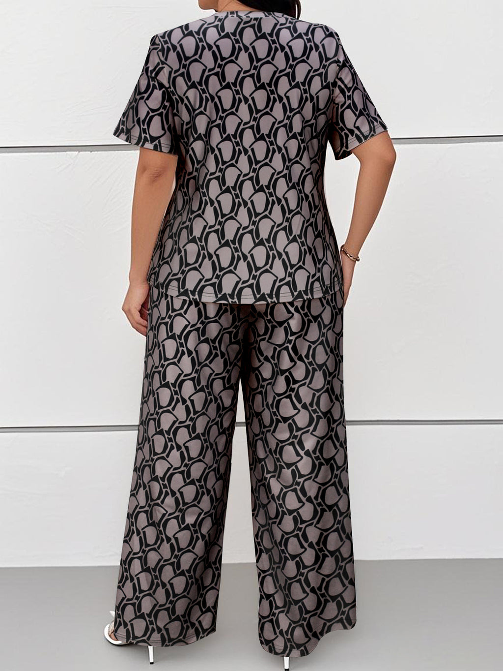Cross-Border Amazon European and American Women's Fashion Elegant Printed Short-Sleeved Straight-Leg Pants Plus-Size Casual Suit Summer