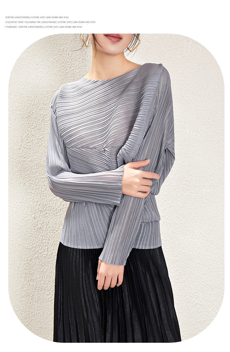 Miyake Irregular Long Sleeve Top Women's 2025 Spring and Autumn Design Solid Color Loose Casual Easiest for Match Bat Sleeve T-Shirt