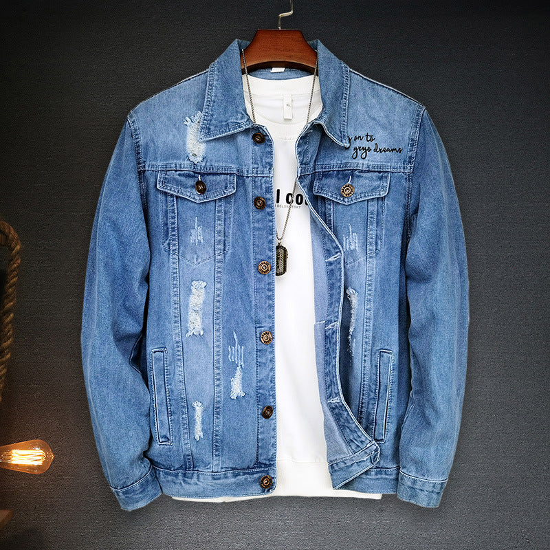 LAZADA New Foreign Trade Men's Jacket Spring and Autumn light blue Fashion Men's Slim-fit Printed Ripped Denim Jacket for Men
