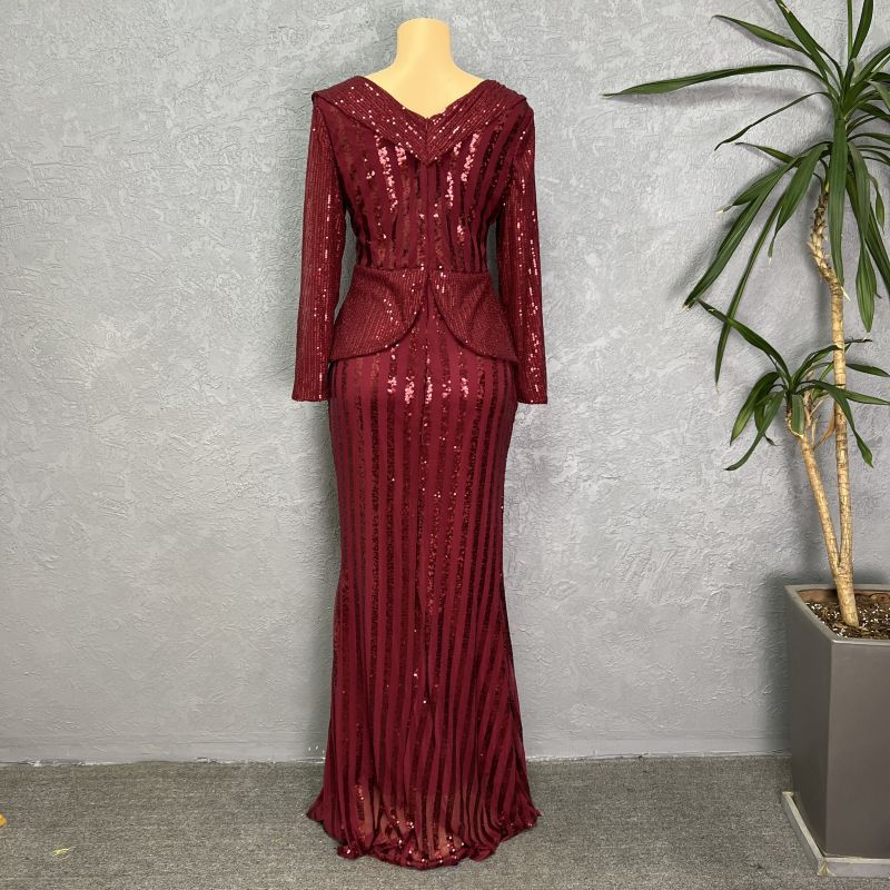 Africa Cross-border 2023 New Sequins Fashion Women's Seven-sleeve Fishtail Long Dress Sleeve Fashion Evening Wear Europe and America