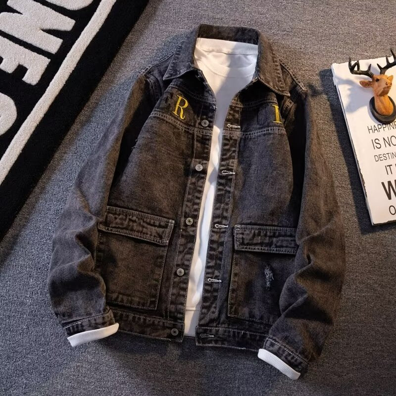 Autumn and Winter Denim Jacket Men's Korean-style Trendy Letter Printed Hong Kong-style Jacket Trendy Simple Loose Casual Denim Jacket