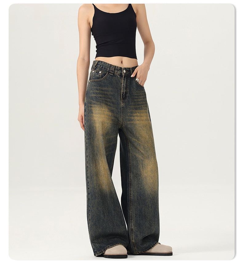 LKTM Men's# American Street Retro Mud Dyed Old Jeans Men's and Women's Trendy Brand Loose Straight Pants