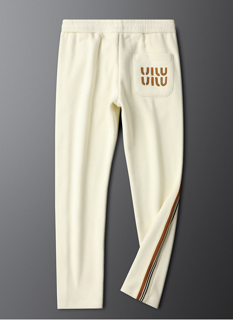 Light Luxury creamy-white fleece-lined Thickened Corduroy Casual Pants Men's Slim-fit Small Straight Pants Autumn and Winter Men's Sports Pants
