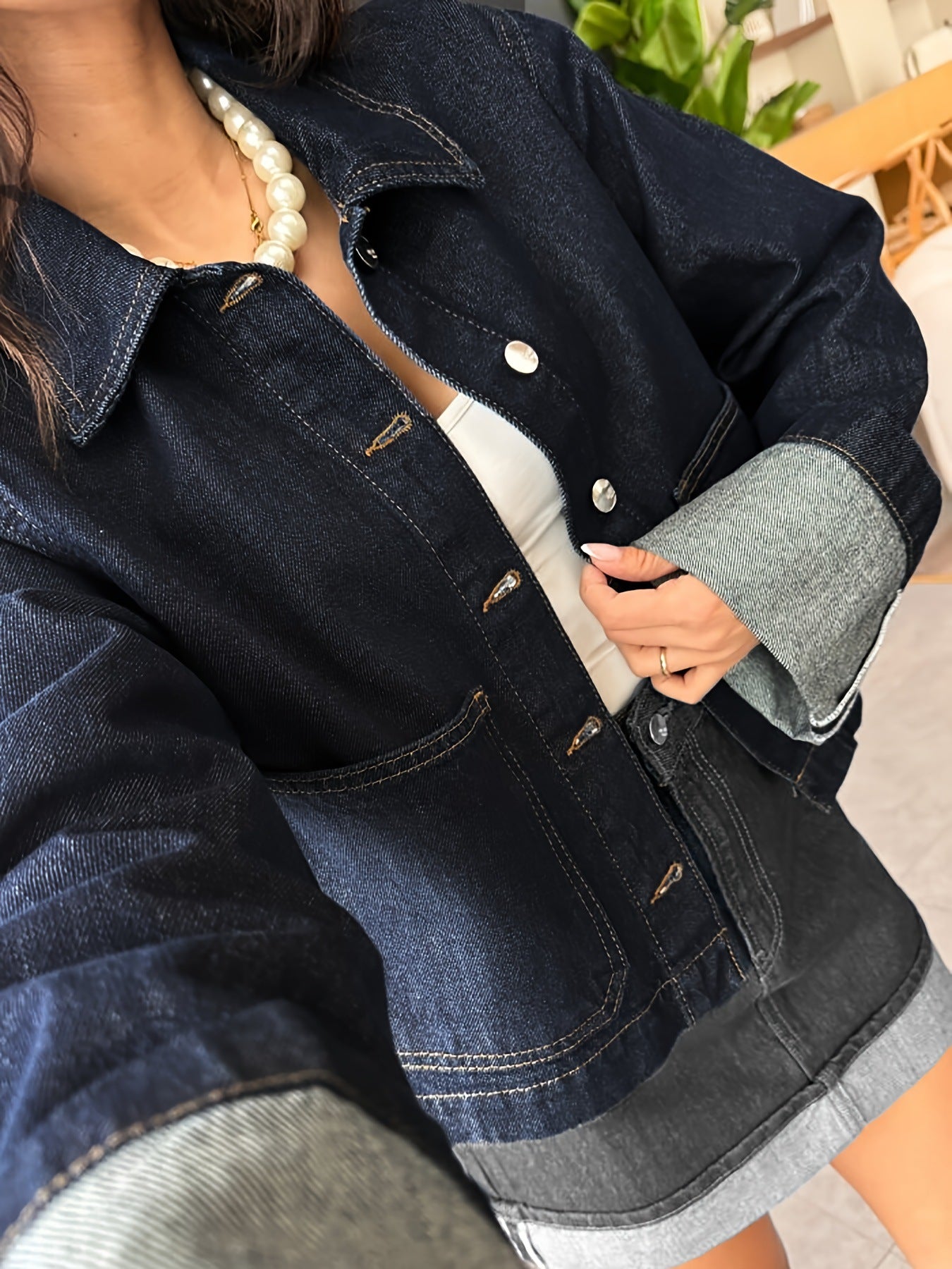 European and American Women's Original Color Denim Rolled Edge Long Sleeves Non-Elastic Casual Denim Jacket
