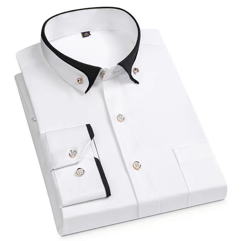 Business Shirts, Long-Sleeved Men's Shirts, No-Iron, Four-Way Stretch, Diamond Button Shirts, Men's Long-Sleeved Shirts