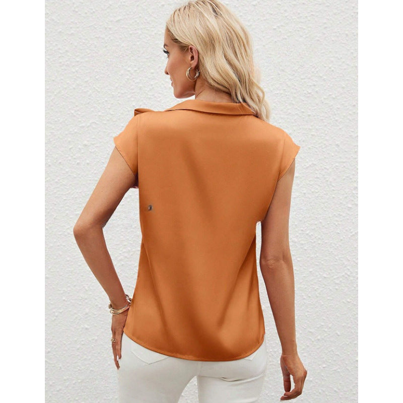 Half Open Collar Bow Satin Top Niche Design Satin Women's Clothing Amazon Cross-border European and American New T-shirt