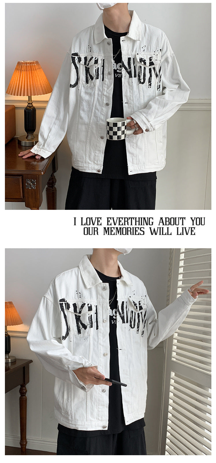 Autumn American graffiti letter printing handsome high street Denim jacket men and women couple all-match youth loose jacket