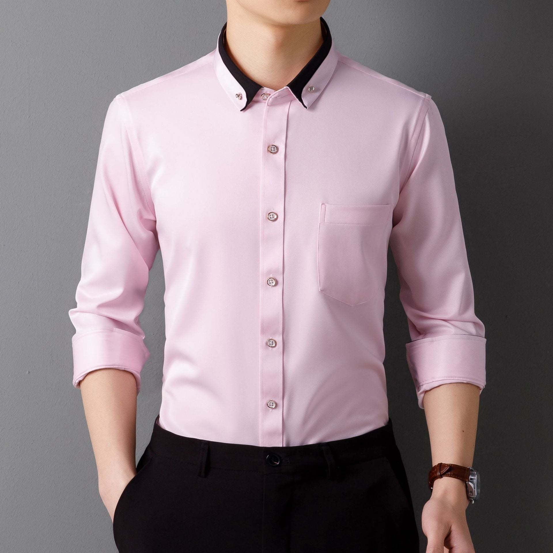 Business Shirts, Long-Sleeved Men's Shirts, No-Iron, Four-Way Stretch, Diamond Button Shirts, Men's Long-Sleeved Shirts