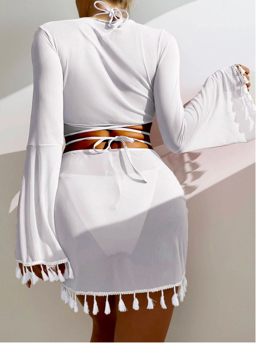 2026 Tassel Mesh Cover-Up Short Skirt Four-Piece Bikini New Thai Ins Style Cross-Border Solid Color Swimsuit for Women