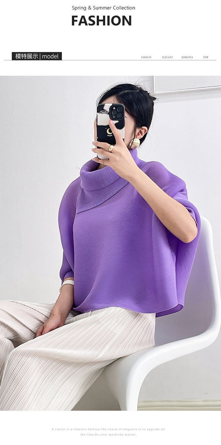 2026 Pleated Lapel Batwing Sleeve Top for Women, Spring and Autumn Style, Loose Fit, Plus Size, Long Sleeve, Pleated Solid Color Base Shirt T-Shirt