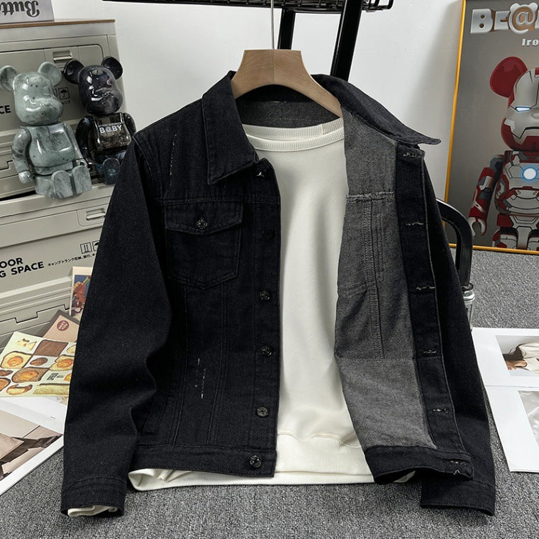 2025 Black Denim Jacket Men's Spring and Autumn Korean Style Trendy Retro Jacket Trendy Brand Letter Print Jacket