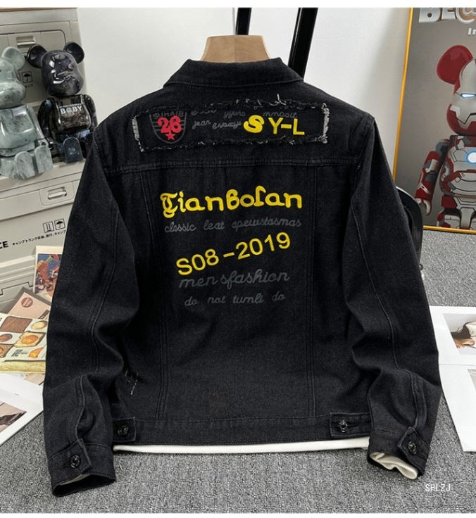 2025 Black Denim Jacket Men's Spring and Autumn Korean Style Trendy Retro Jacket Trendy Brand Letter Print Jacket