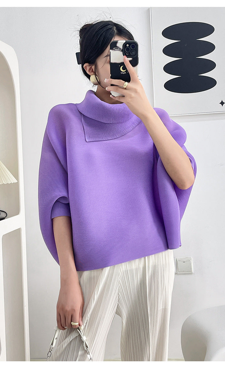2026 Pleated Lapel Batwing Sleeve Top for Women, Spring and Autumn Style, Loose Fit, Plus Size, Long Sleeve, Pleated Solid Color Base Shirt T-Shirt
