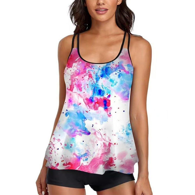 European and American Hot Sale plus size Split Swimsuit Women's Cross-border Camisole Flat-angle Swimsuit Tankini Loose Printed Swimsuit