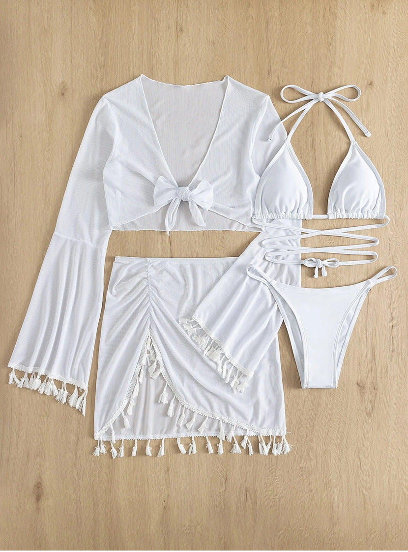 2026 Tassel Mesh Cover-Up Short Skirt Four-Piece Bikini New Thai Ins Style Cross-Border Solid Color Swimsuit for Women