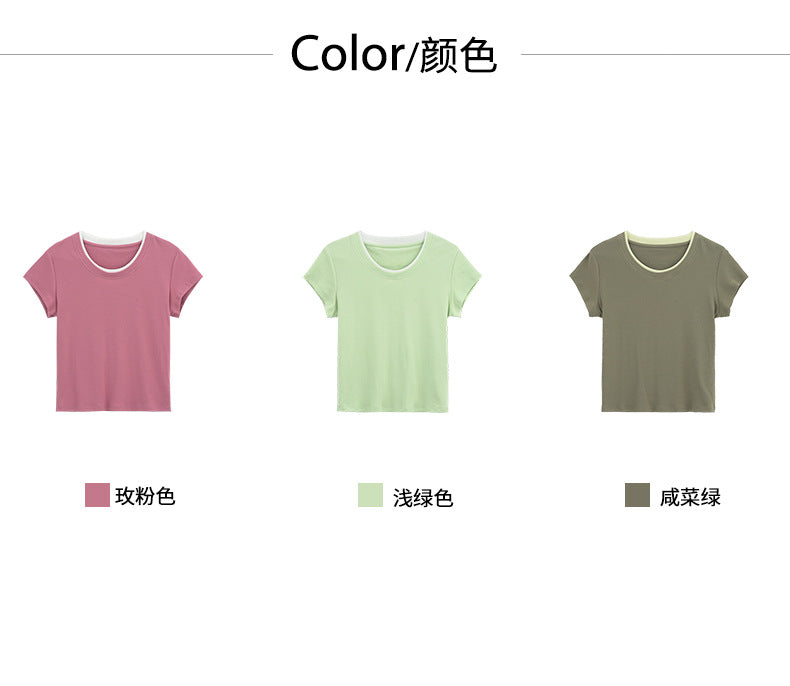 Huangyi Korean Double-Layer Collar Fake Two-Piece Short-Sleeved T-Shirt for Women 2025 Summer Short Slim Right Shoulder Top 142Th419