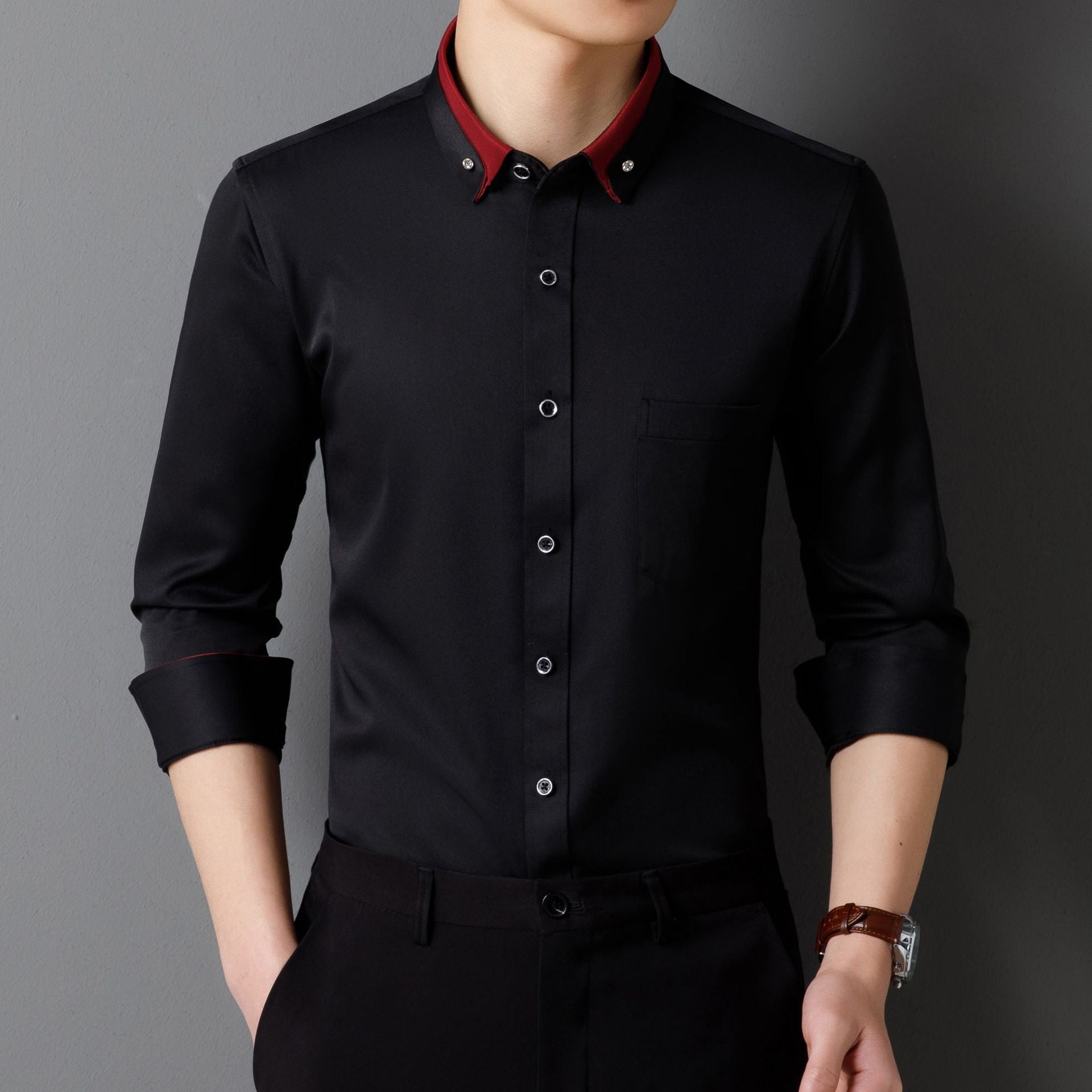Business Shirts, Long-Sleeved Men's Shirts, No-Iron, Four-Way Stretch, Diamond Button Shirts, Men's Long-Sleeved Shirts