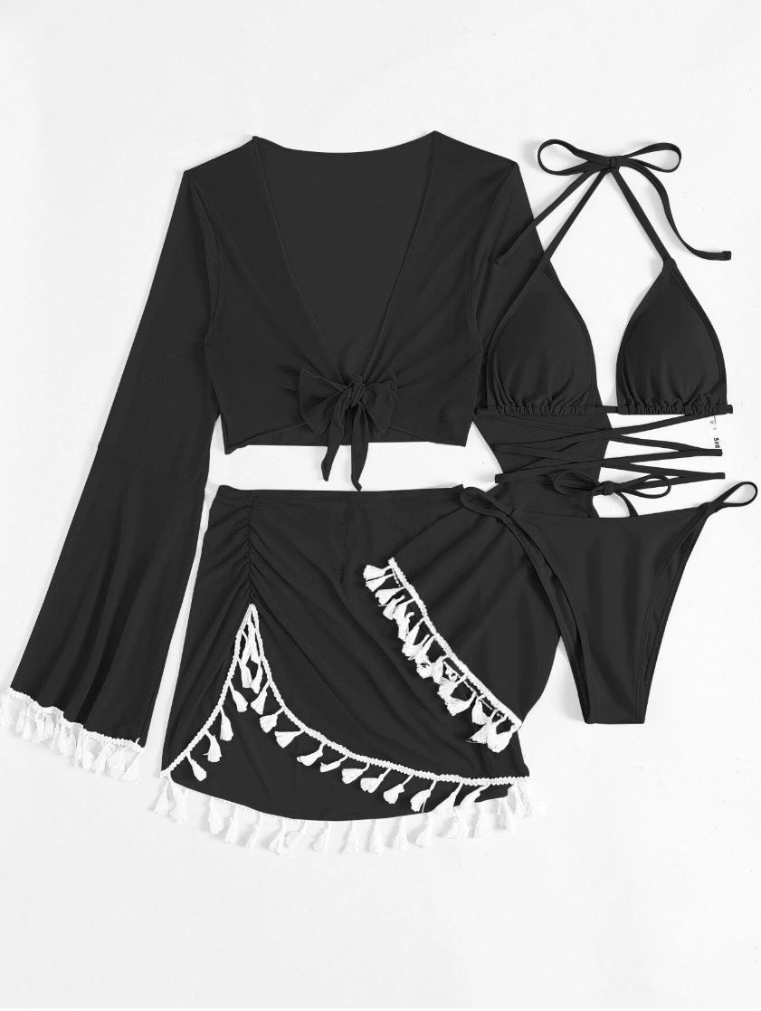 2026 Tassel Mesh Cover-Up Short Skirt Four-Piece Bikini New Thai Ins Style Cross-Border Solid Color Swimsuit for Women