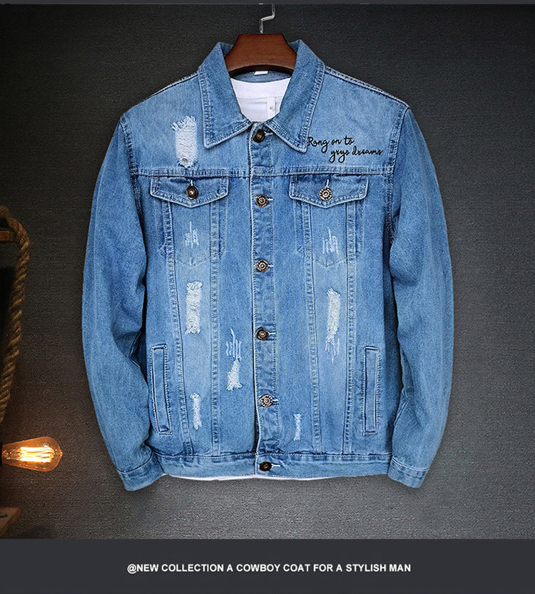 LAZADA New Foreign Trade Men's Jacket Spring and Autumn light blue Fashion Men's Slim-fit Printed Ripped Denim Jacket for Men