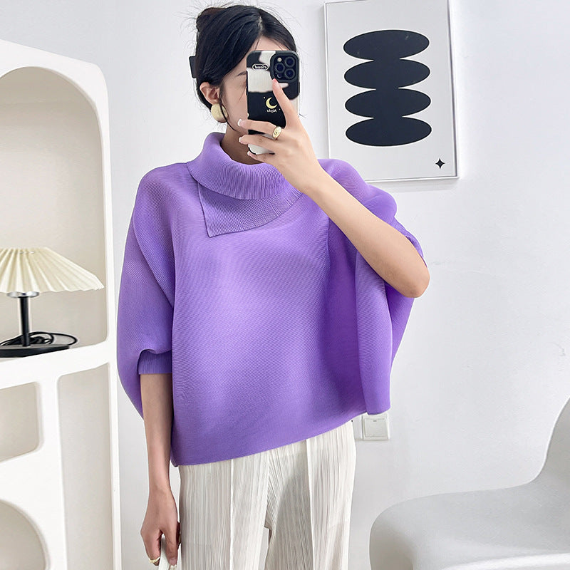2026 Pleated Lapel Batwing Sleeve Top for Women, Spring and Autumn Style, Loose Fit, Plus Size, Long Sleeve, Pleated Solid Color Base Shirt T-Shirt