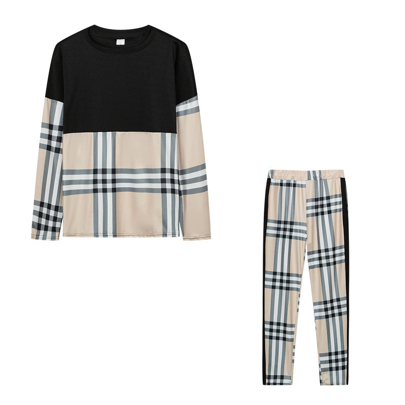 European and American Fashion Women's Contrasting Plaid Stitching Casual Suit 2024 New Cross-Border Amazon Long-Sleeved Two-Piece Set