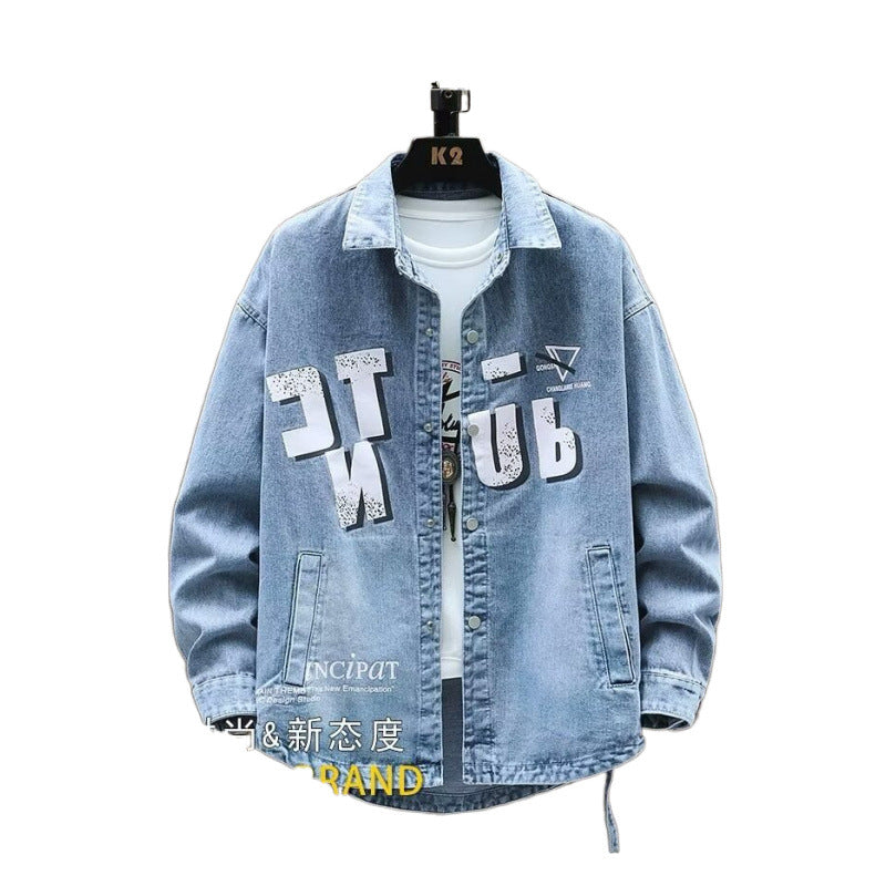 Black American Style Denim Jacket Men's Spring and Autumn New Fashion Brand Loose Printed Retro Jacket for Boys