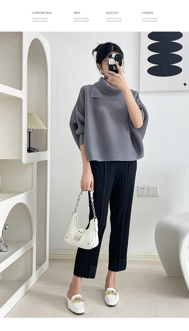 2026 Pleated Lapel Batwing Sleeve Top for Women, Spring and Autumn Style, Loose Fit, Plus Size, Long Sleeve, Pleated Solid Color Base Shirt T-Shirt