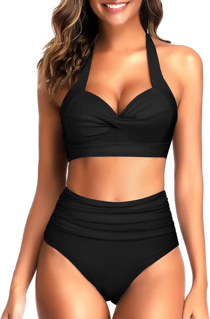 New Amazon Cross-border High Waist Neck Printed Strap Tankini Split Swimsuit European and American Slim Bikini