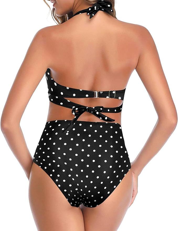 New Amazon Cross-border High Waist Neck Printed Strap Tankini Split Swimsuit European and American Slim Bikini