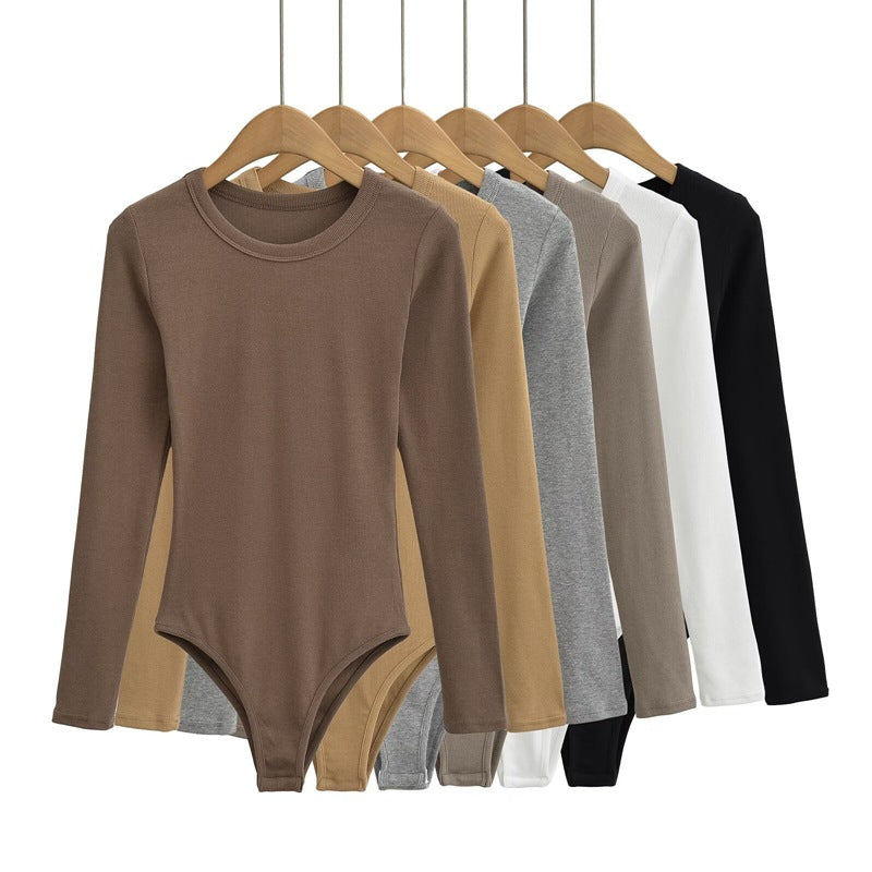 European and American style round neck versatile stretch jumpsuit bottoming shirt women's autumn and winter long sleeve T-shirt sexy tight top fashion