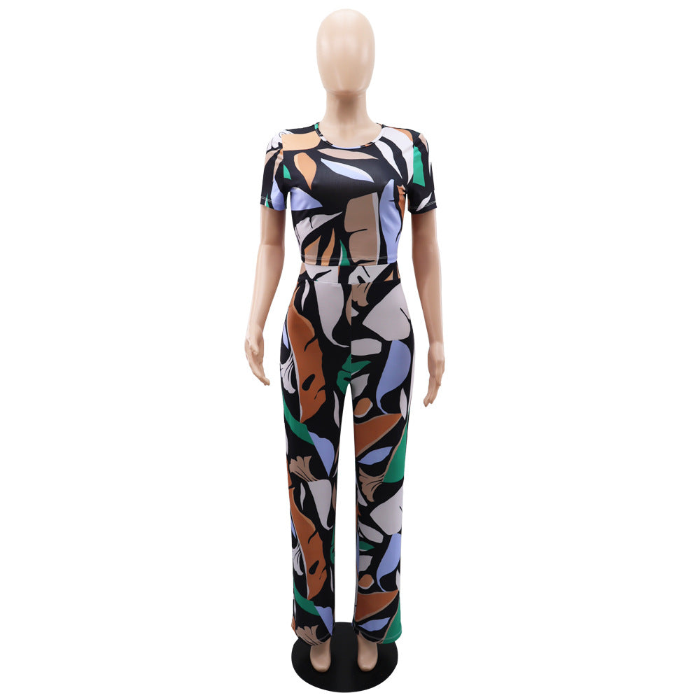 10266 Cross-border European and American Amazon Printed Slim-fit Short-sleeved Casual Elegant High Waist Pants suit Two-piece Set