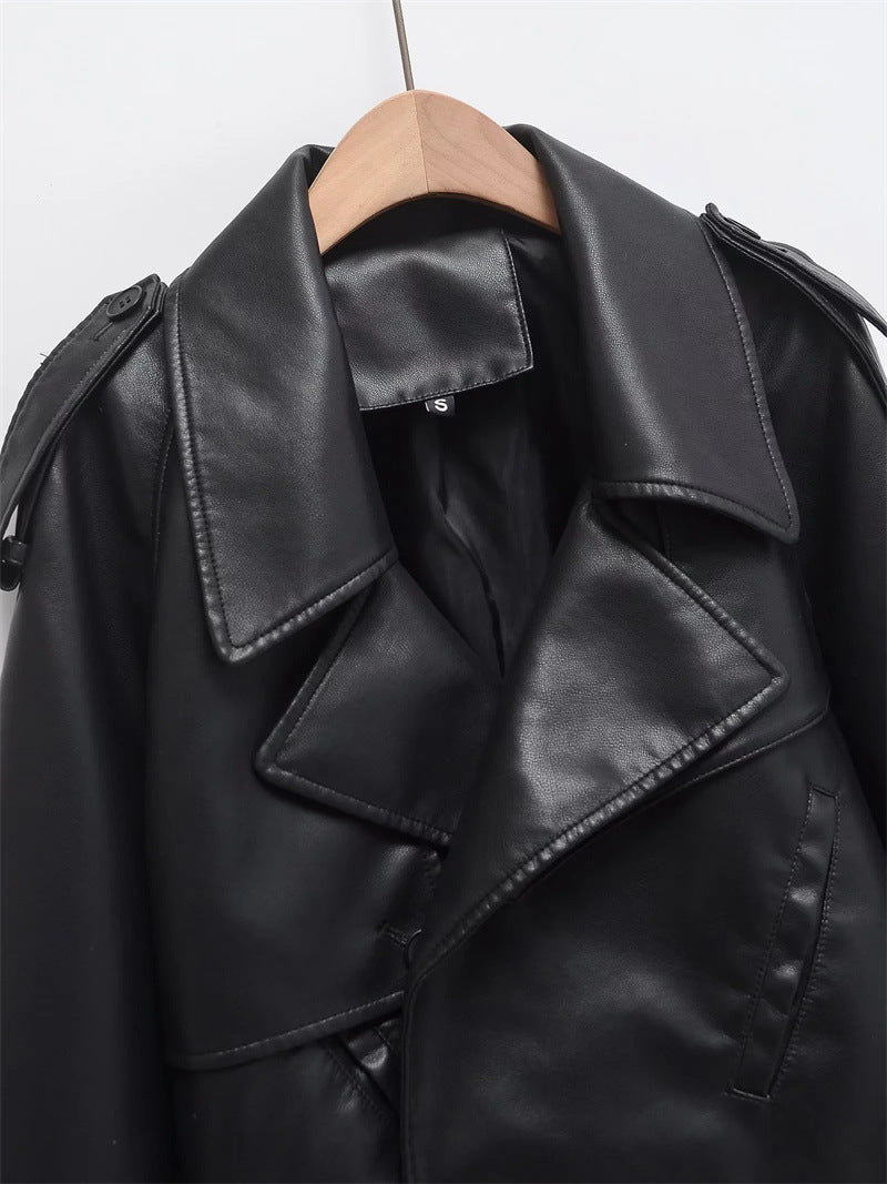 European and American Style Deep Retro Lapel Imitation Leather Jacket Top Autumn and Winter New Street Style Loose Pure Color Casual Jacket for Women