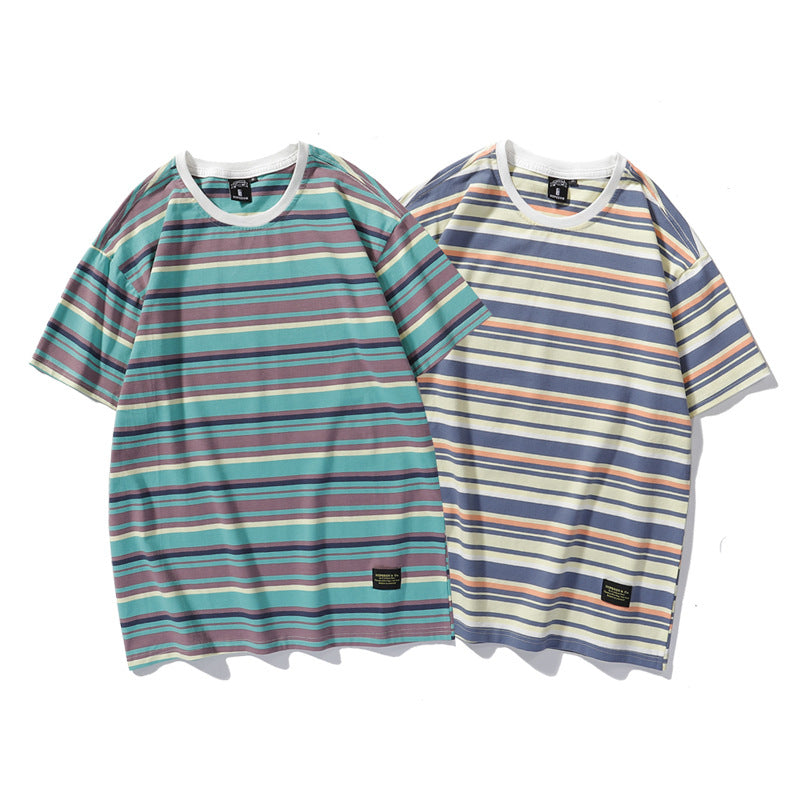Japanese-Style Casual Striped Short-Sleeve T-Shirt Summer 2026 Loose Versatile Ins Trendy Brand Couple's Outfit Round Neck Loose Fit
