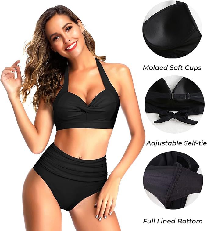 New Amazon Cross-border High Waist Neck Printed Strap Tankini Split Swimsuit European and American Slim Bikini