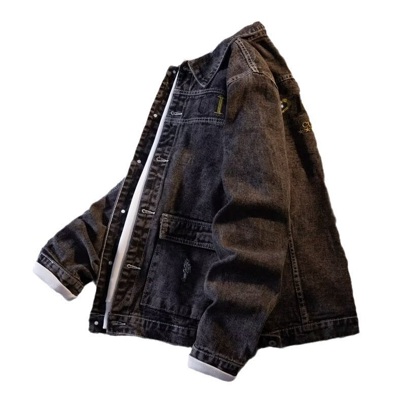Autumn and Winter Denim Jacket Men's Korean-style Trendy Letter Printed Hong Kong-style Jacket Trendy Simple Loose Casual Denim Jacket