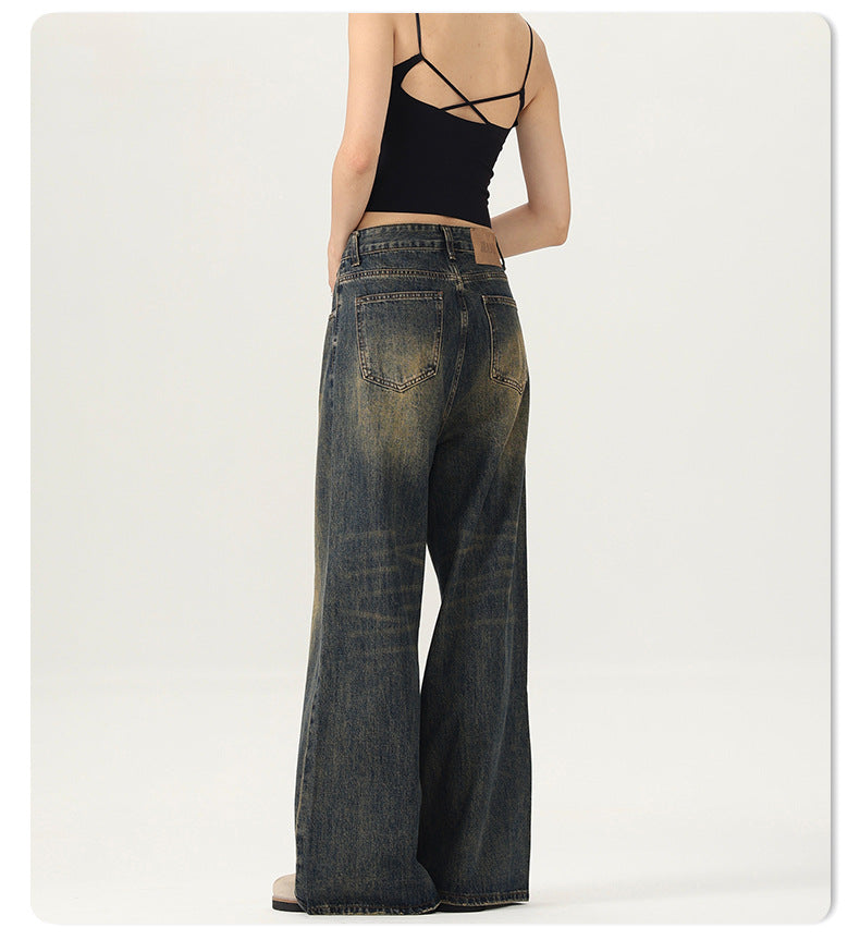 LKTM Men's# American Street Retro Mud Dyed Old Jeans Men's and Women's Trendy Brand Loose Straight Pants