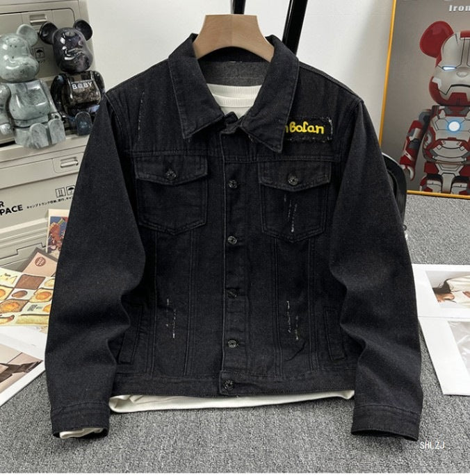 2025 Black Denim Jacket Men's Spring and Autumn Korean Style Trendy Retro Jacket Trendy Brand Letter Print Jacket