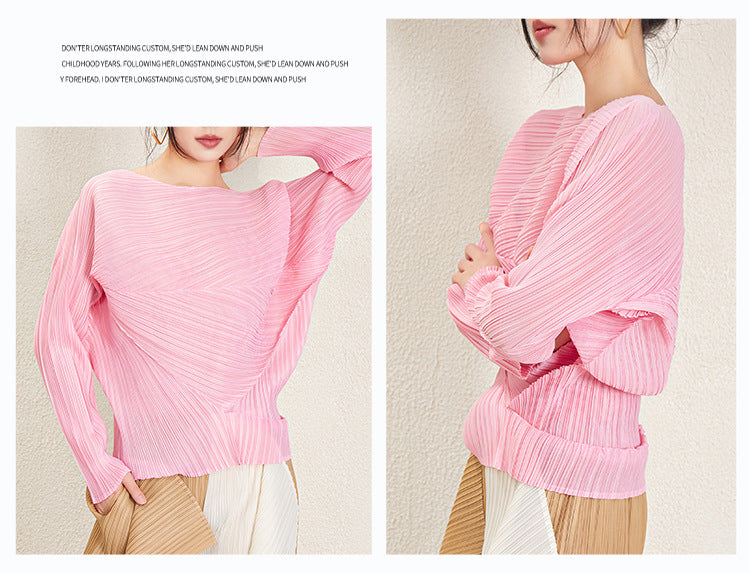 Miyake Irregular Long Sleeve Top Women's 2025 Spring and Autumn Design Solid Color Loose Casual Easiest for Match Bat Sleeve T-Shirt