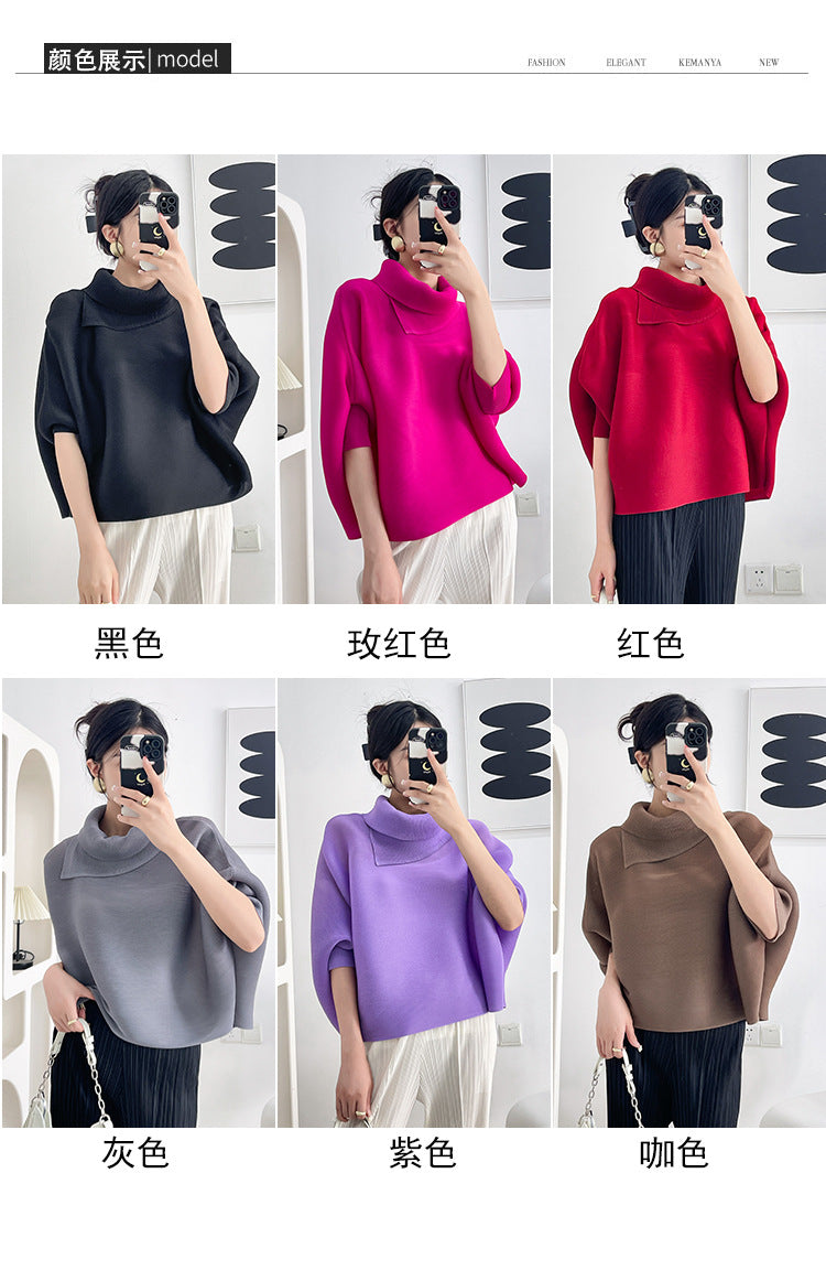 2026 Pleated Lapel Batwing Sleeve Top for Women, Spring and Autumn Style, Loose Fit, Plus Size, Long Sleeve, Pleated Solid Color Base Shirt T-Shirt