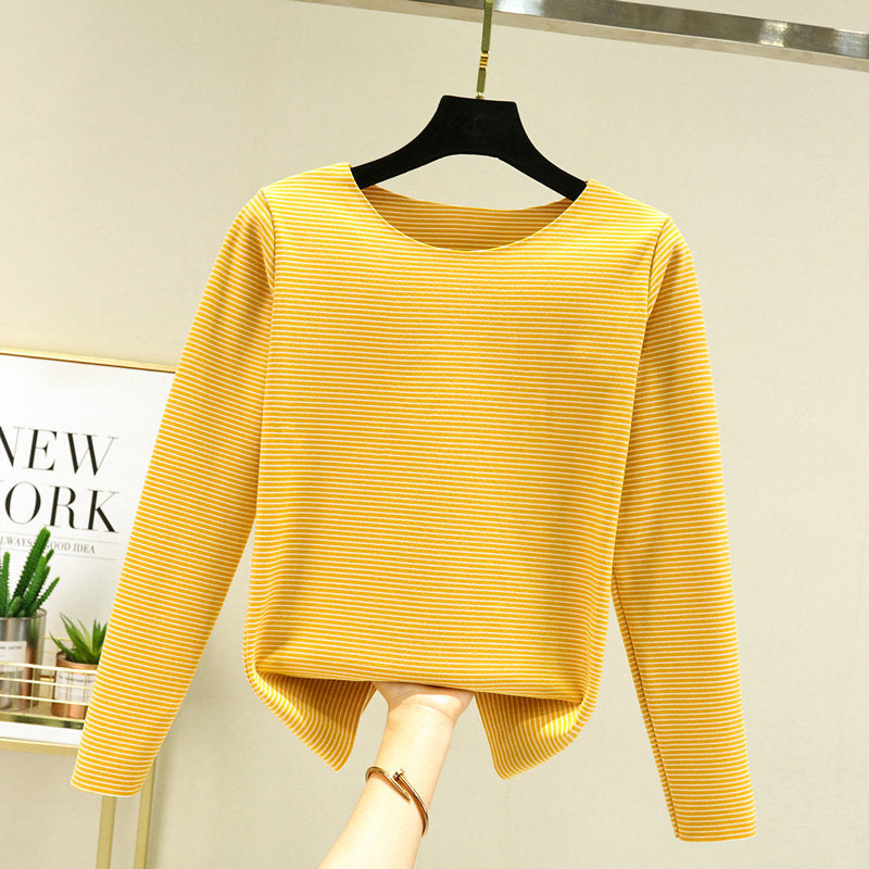 Crewneck Striped Base Shirt Women's Inner Wear Fall/Winter German Velvet 2022 New College Style Long Sleeve T-Shirt Warm Top