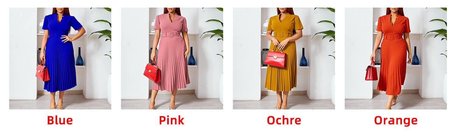 D563 Foreign Trade Cross-border Women's Clothing Summer New Short-sleeved V-neck Pleated High Waist Fashion Elegant Waist African dress