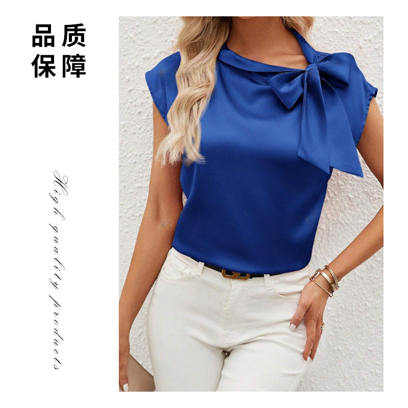 Half Open Collar Bow Satin Top Niche Design Satin Women's Clothing Amazon Cross-border European and American New T-shirt