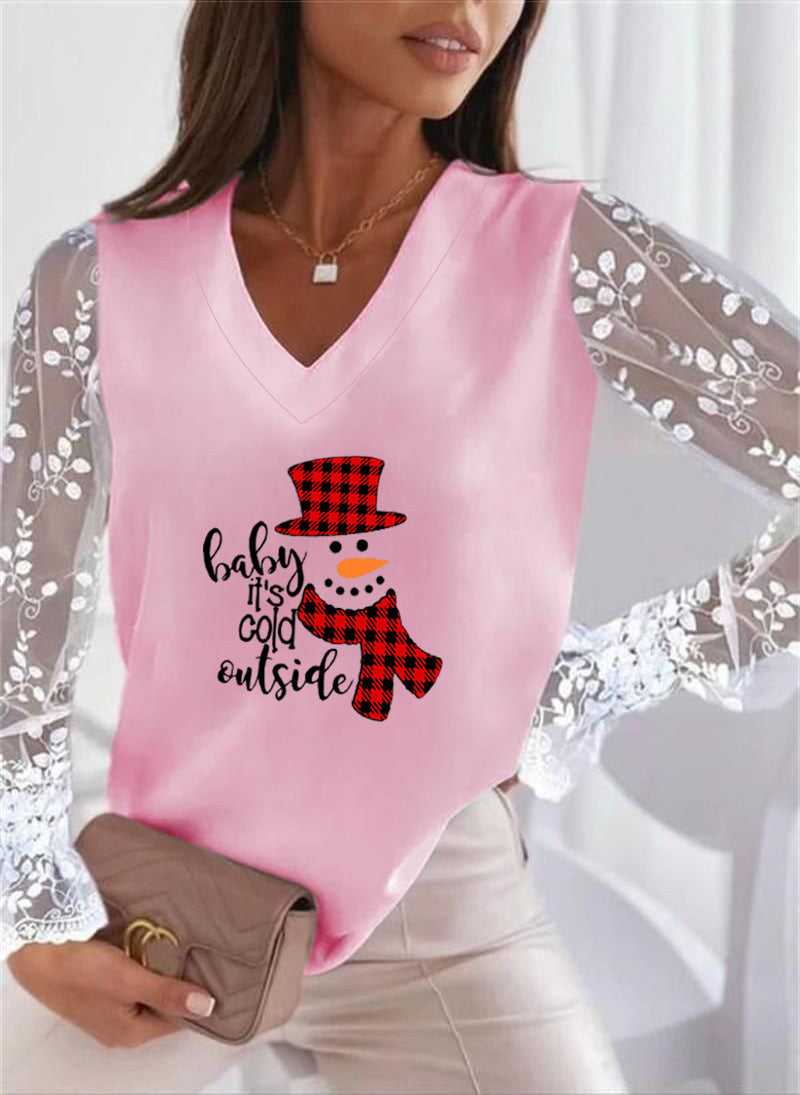 Autumn and Winter New Christmas Personalized Print European and American Cross-border Lace All-match Long-sleeved Women's T-shirt Top