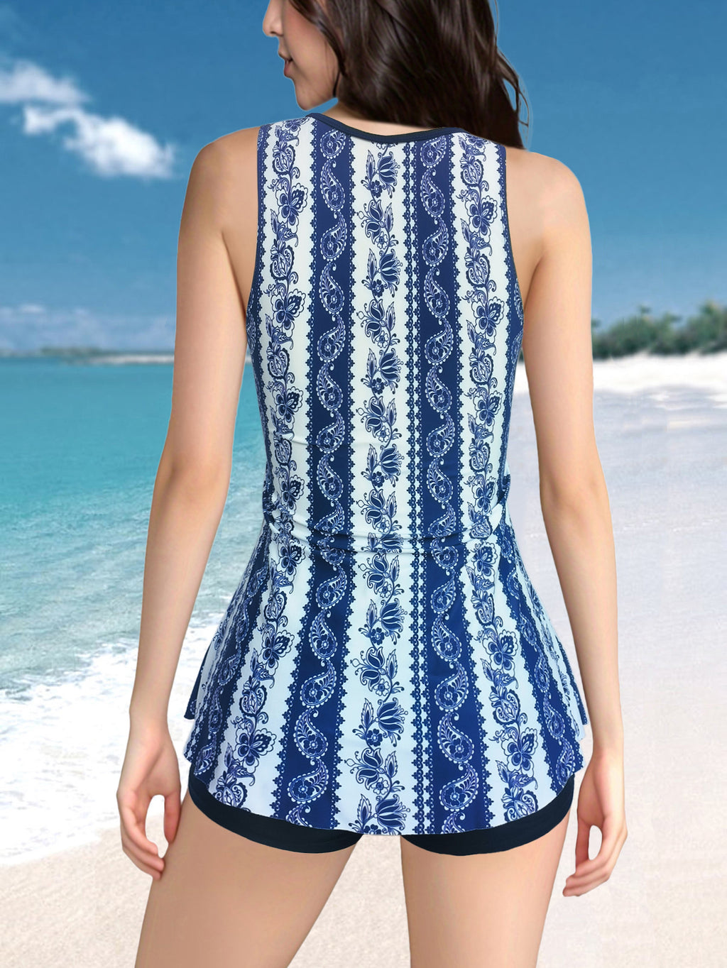 Split plus size Printed Flat Angle European and American Style Conservative Sling Tankini Swimsuit Women's Independent Station Cross-border Foreign Trade in stock