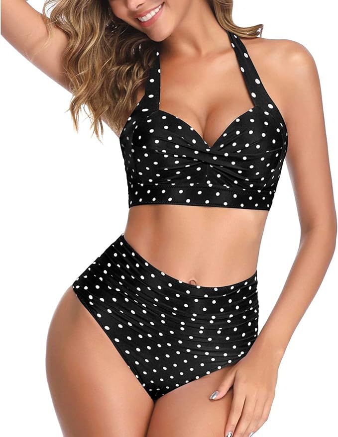 New Amazon Cross-border High Waist Neck Printed Strap Tankini Split Swimsuit European and American Slim Bikini