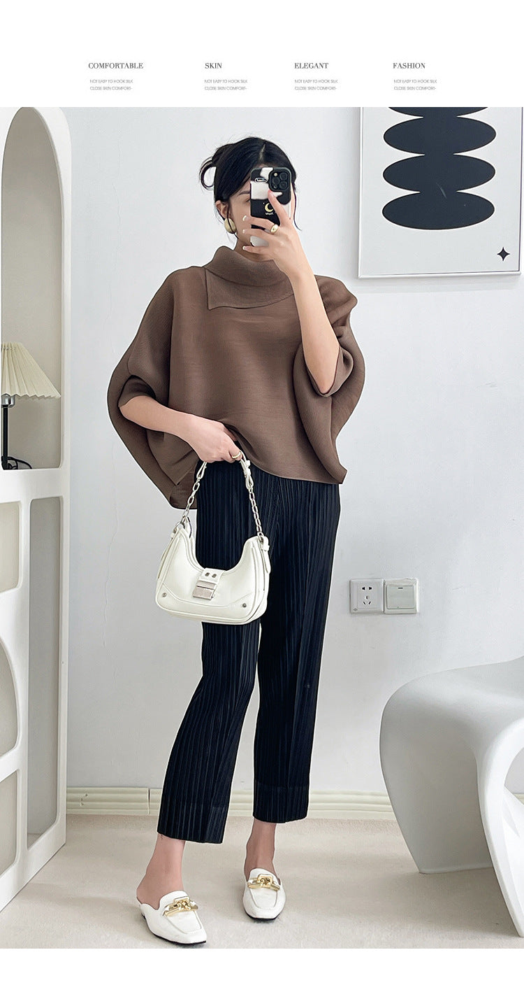 2026 Pleated Lapel Batwing Sleeve Top for Women, Spring and Autumn Style, Loose Fit, Plus Size, Long Sleeve, Pleated Solid Color Base Shirt T-Shirt