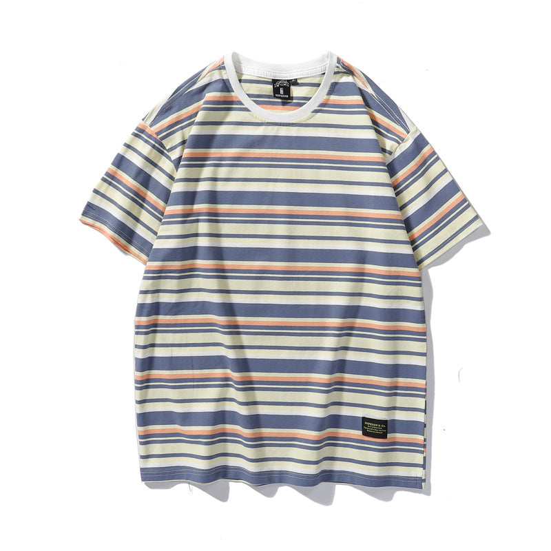 Japanese-Style Casual Striped Short-Sleeve T-Shirt Summer 2026 Loose Versatile Ins Trendy Brand Couple's Outfit Round Neck Loose Fit