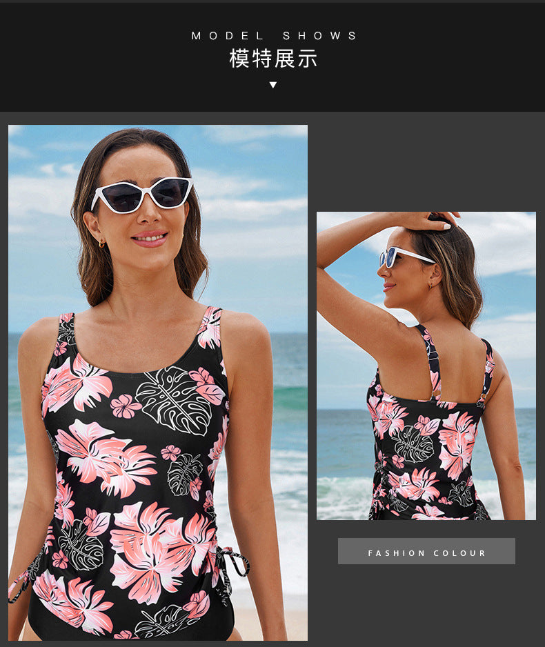 Trendy European and American Tankini Women's Solid Color Sleeveless Adjustable Strap Solid Color with Chest Pad Single Piece Women's Swimwear Top