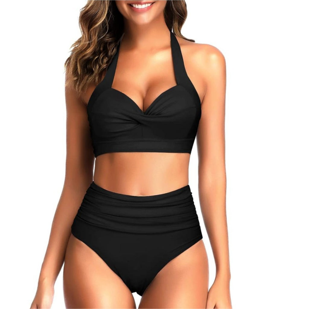 New Amazon Cross-border High Waist Neck Printed Strap Tankini Split Swimsuit European and American Slim Bikini