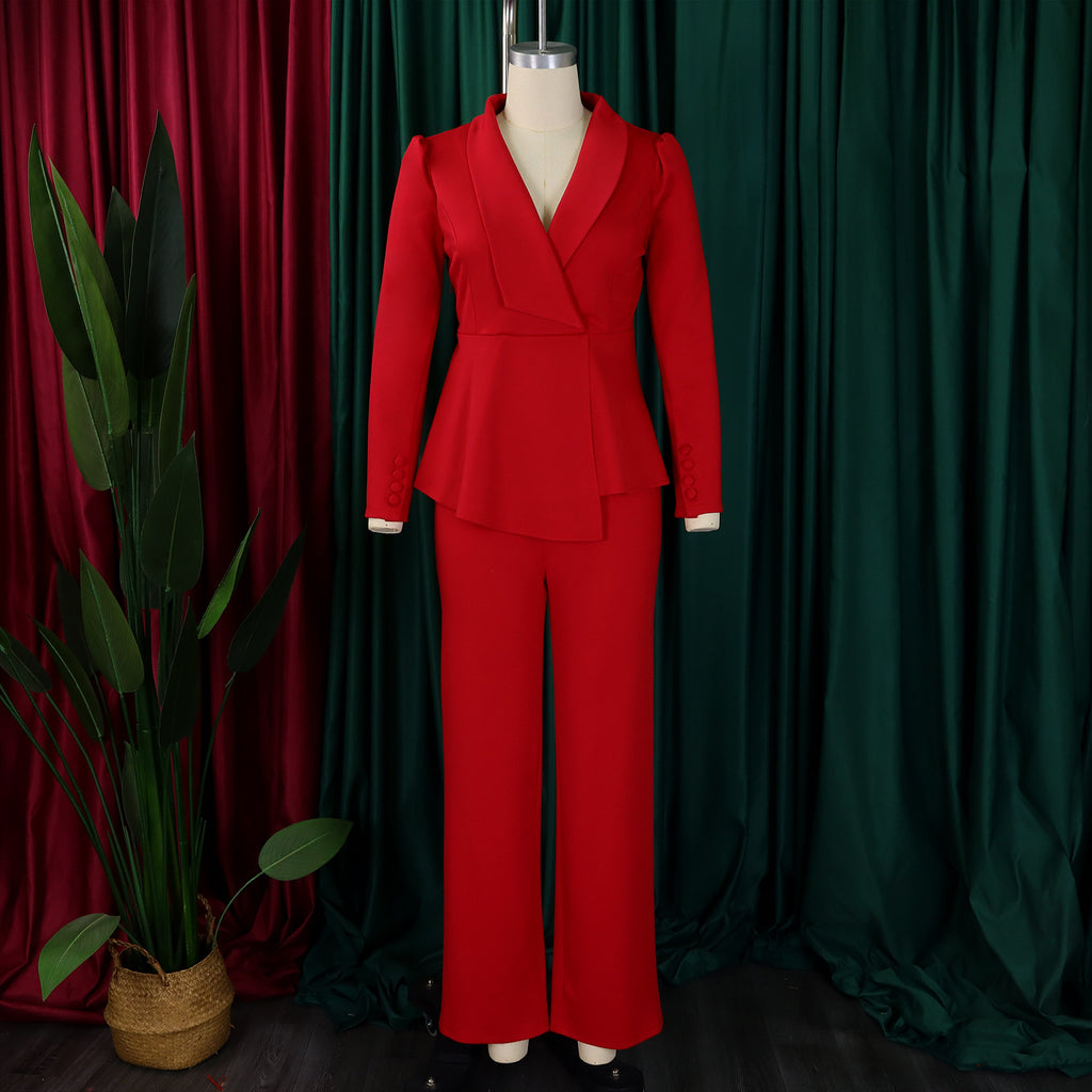 D549 European and American Clothing Winter New Fashion Elegant Elegant Ol Ruffle Top Wide Leg Pants Fashionable African Suit